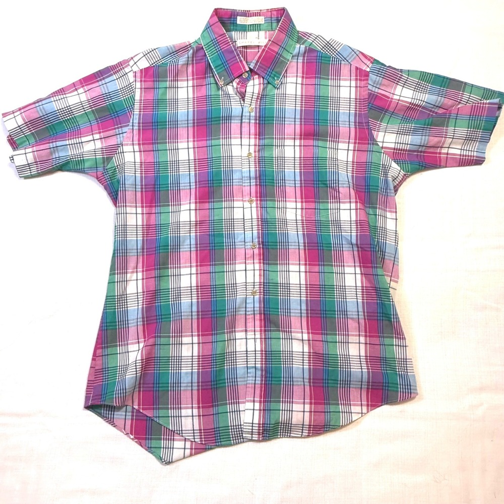 Vintage Chapel Hill Plaid Short Sleeve Button Down‎ Shirt Men Size L 16 16 1/2